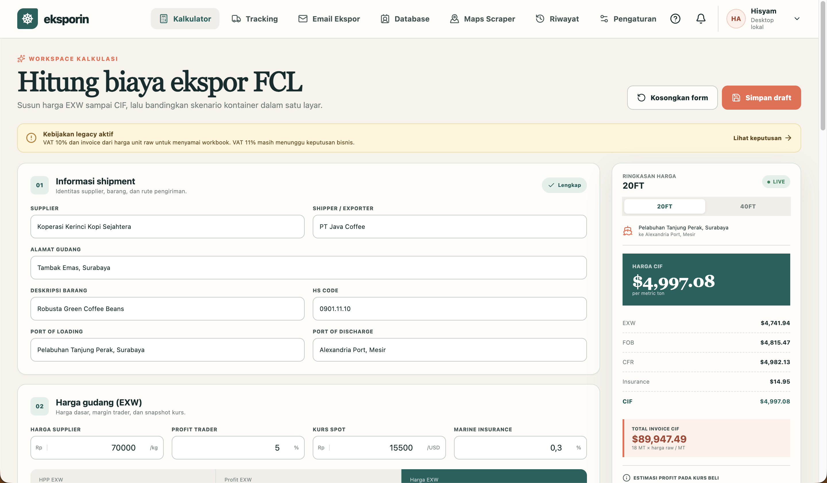 Eksporin FCL Export Cost Calculation & B2B Hub
