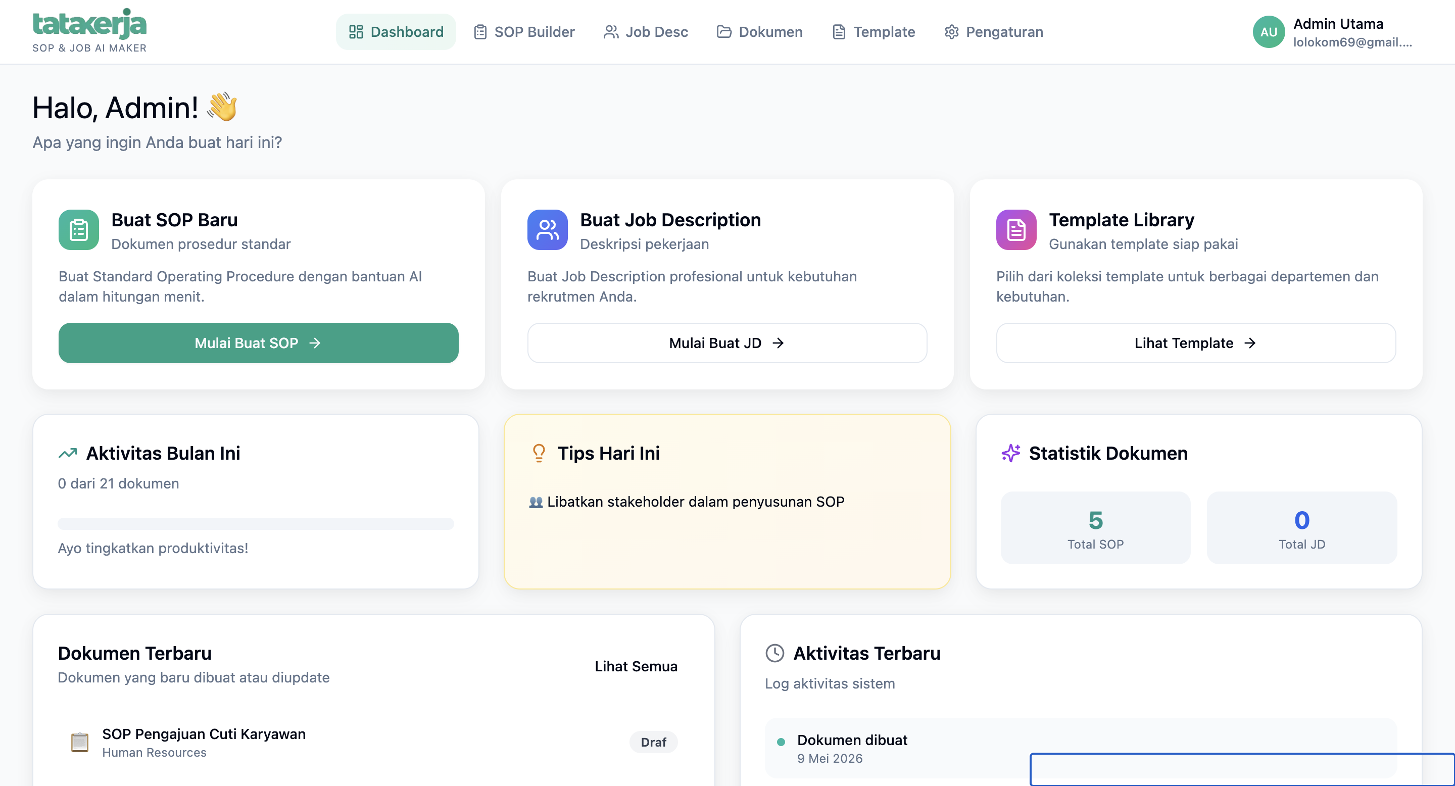 TataKerja Workspace SOP & Job Description AI Builder
